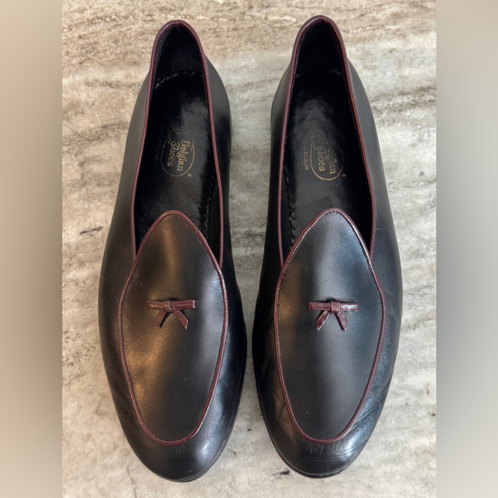 Belgian Shoes Mr Casual Loafer Black Leather W Brown Slippers 13 W $800 Bow Tie